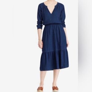 Lauren Ralph Lauren Chambray Linen Blend Flounced Tiered Midi Dress Pockets 8